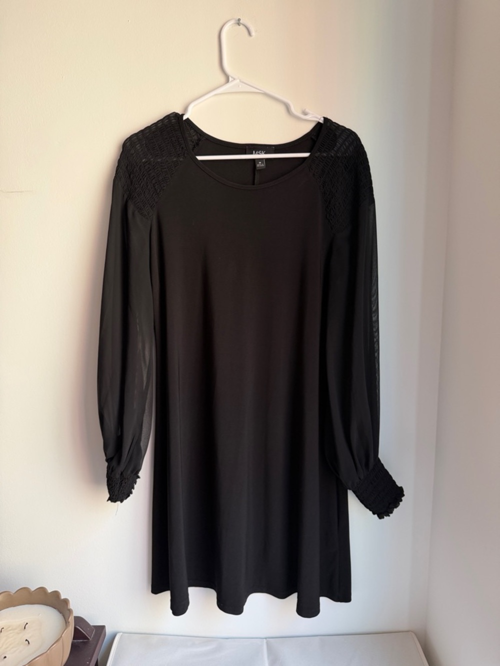 Black Long-Sleeve Shift Dress with Illusion Sleeves
